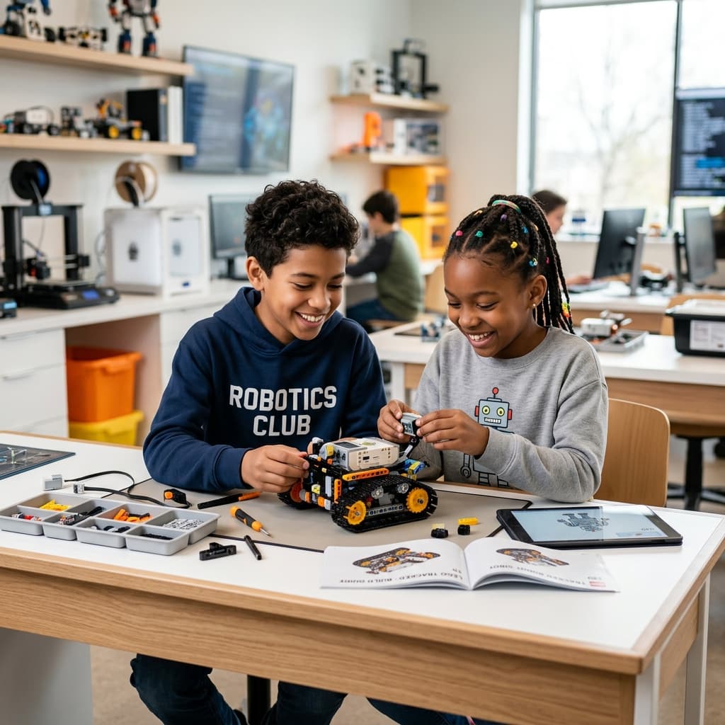 Two kids building robotics tracked vehicle in lab