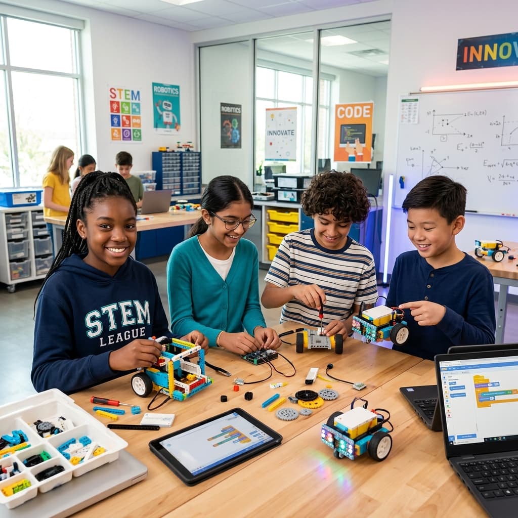 Students assembling robotics projects around workbench
