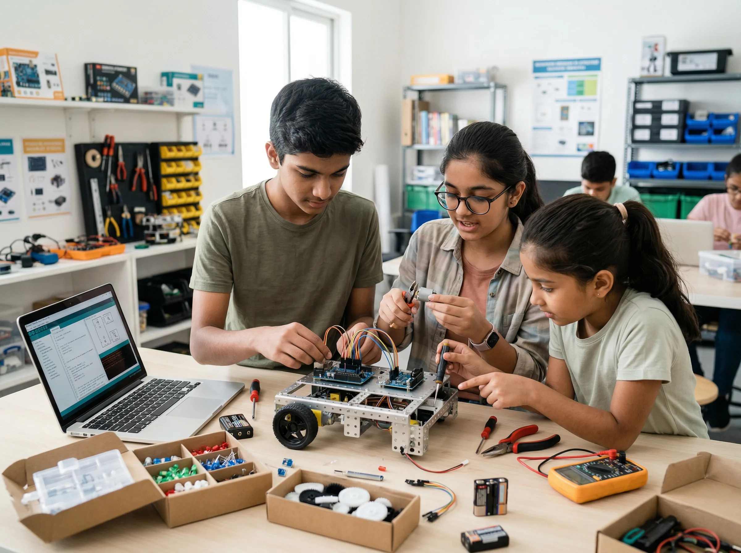 Students building robots